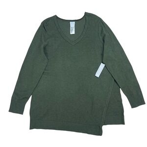 Chicos Womens V Neck Asymmetrical Forest Green Sweater Sz 3 XL Heritage Cabin